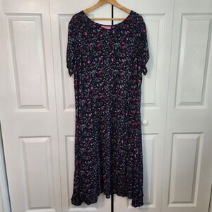 Woman Within Navy Pink Floral Crinkle Rayon Midi Dress Short Sleeve 1X  Cottage